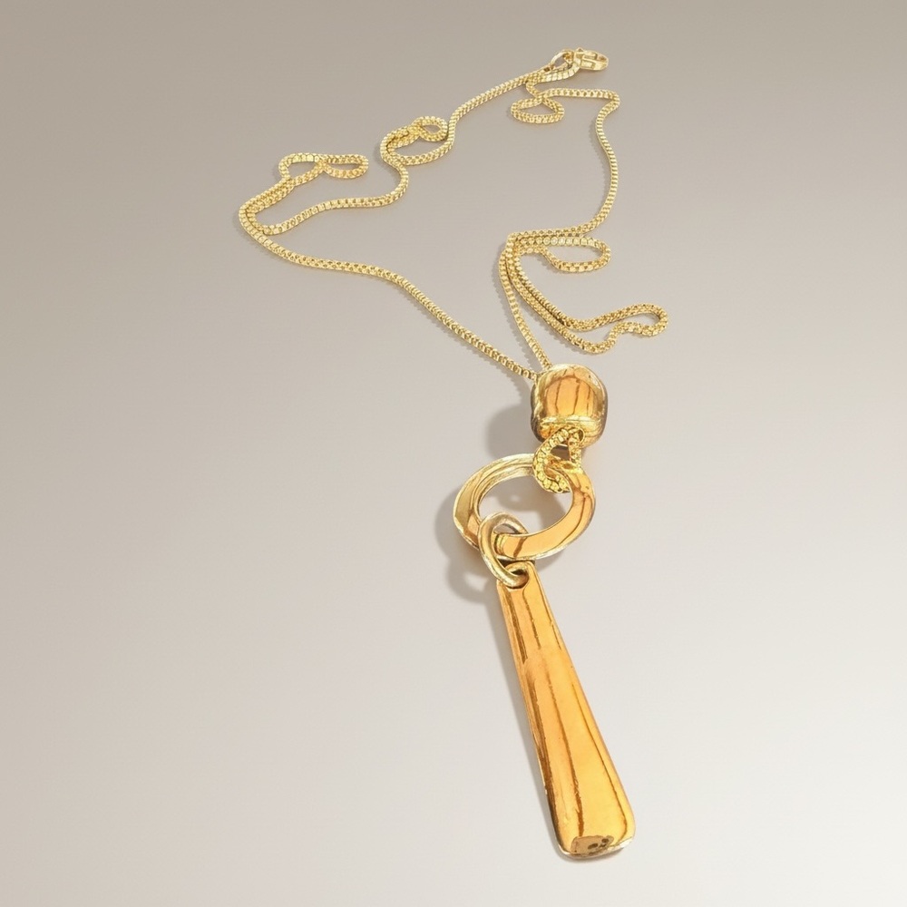 Heavy Gold Tone Lariat Necklace Drop Bar Pendant Designer 254
